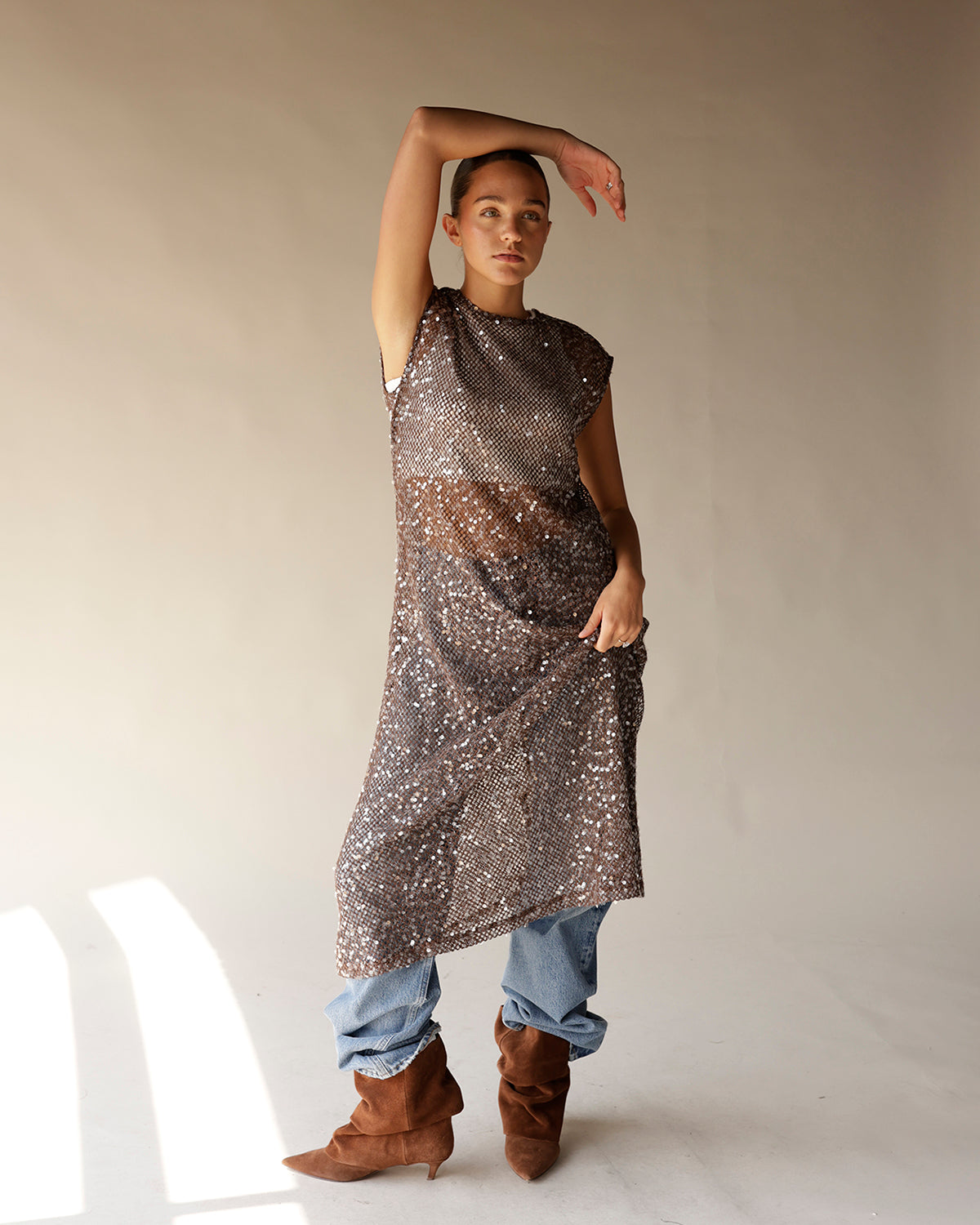 TINA SEQUIN MAXI DRESS X BROWN