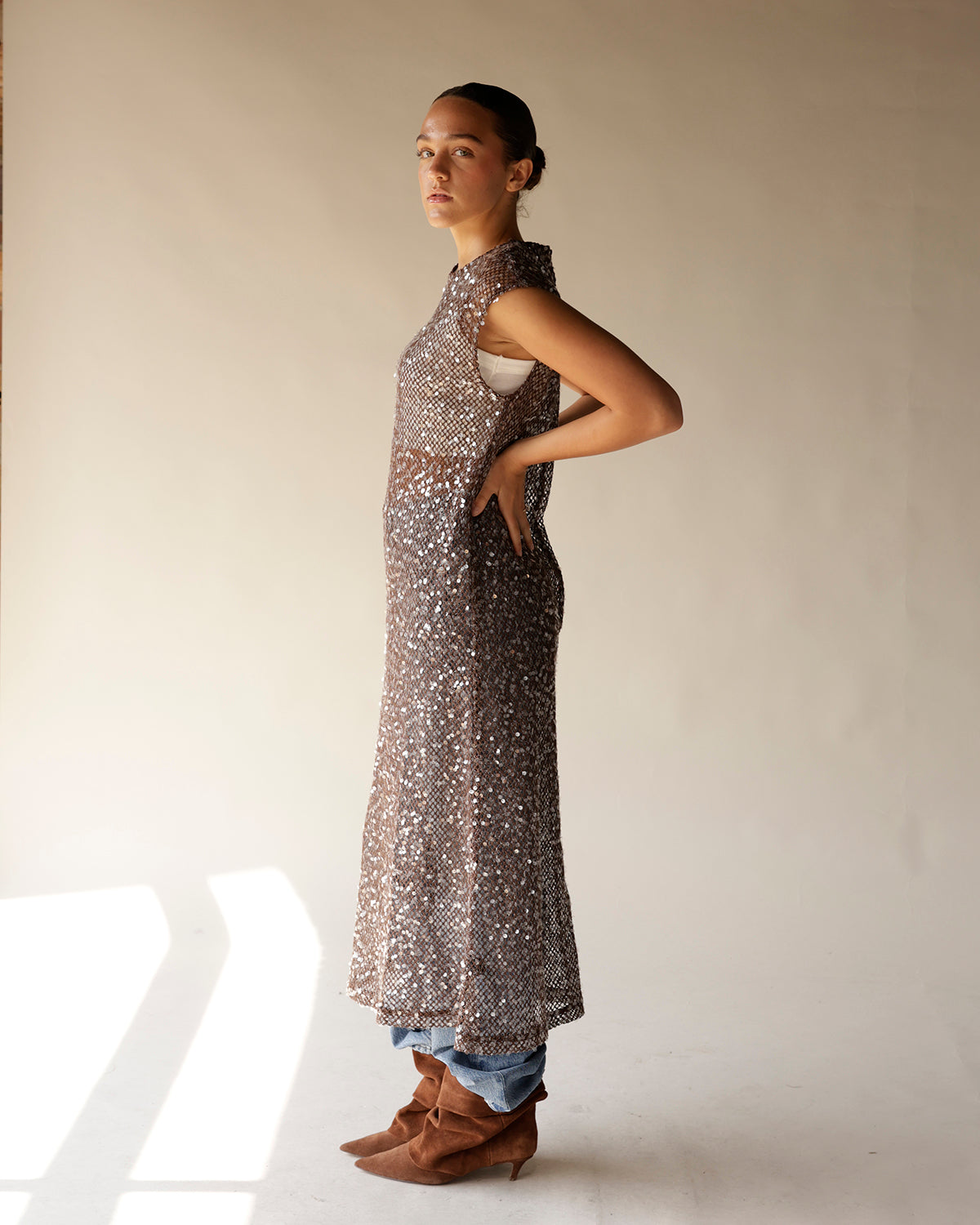 TINA SEQUIN MAXI DRESS X BROWN