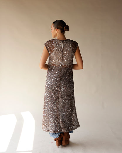 TINA SEQUIN MAXI DRESS X BROWN