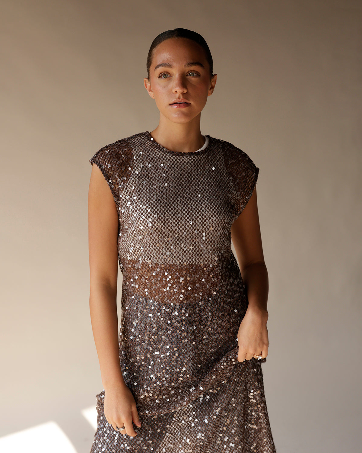 TINA SEQUIN MAXI DRESS X BROWN