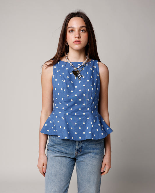 blue polka dot peplum blouse blue with white polka dot peplum hem sleeveless top