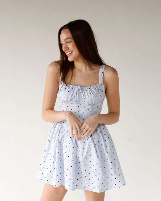 blue bustier mini dress with black polka dot print drop waist spring mini dress