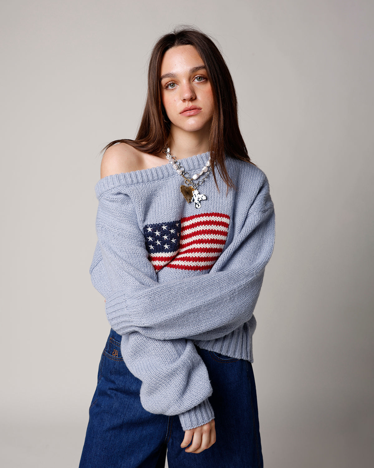 ALL AMERICAN OFF THE SHOULDER SWEATER