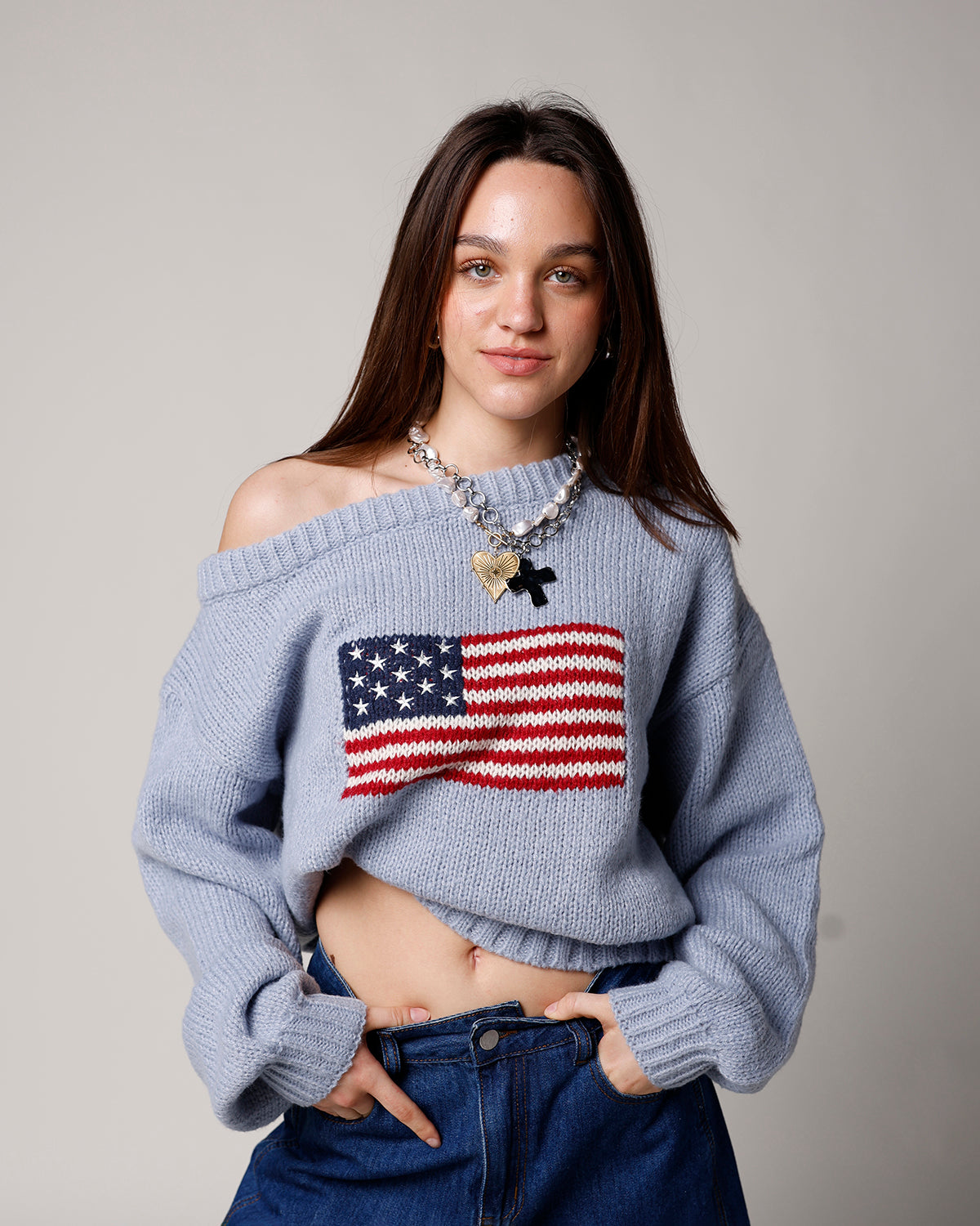 ALL AMERICAN OFF THE SHOULDER SWEATER