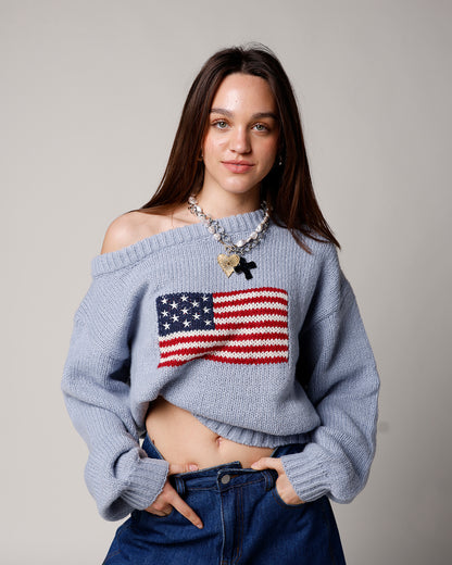 ALL AMERICAN OFF THE SHOULDER SWEATER