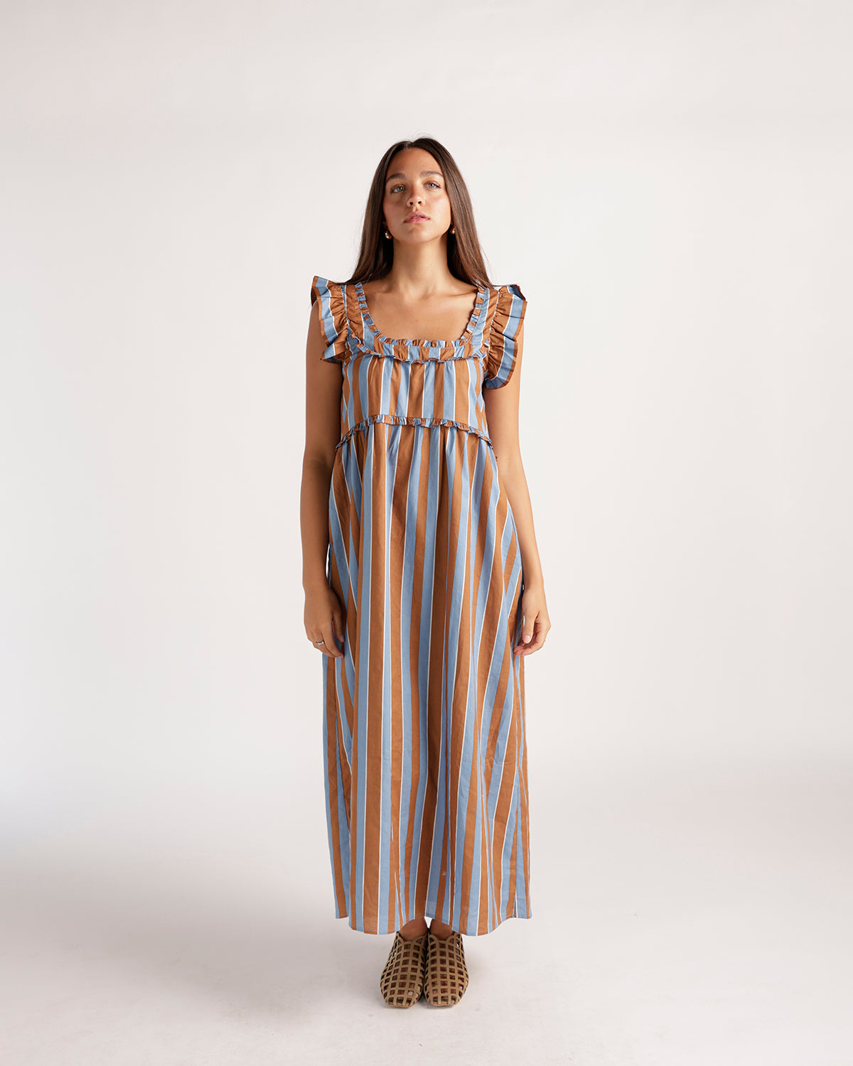 Striped midi dress in brown and blue with ruffle neckline and flutter sleeves