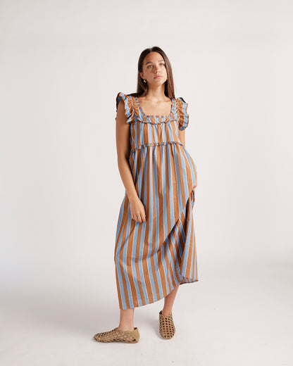 Brown and blue striped ruffle-strap midi dress with tiered bodice and woven flats