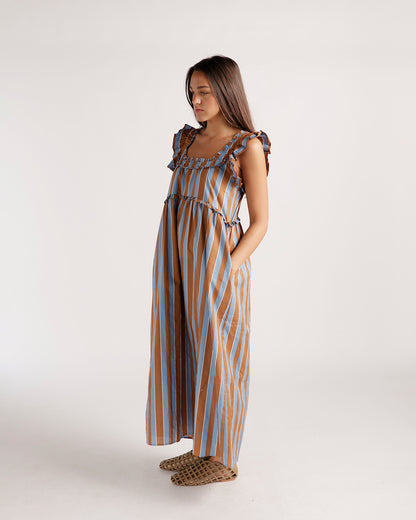 Striped blue and brown ruffle-strap midi dress with wide leg silhouette and pockets