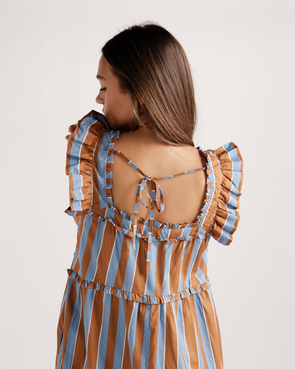 Brown and blue striped midi dress with ruffled sleeves and open tie back