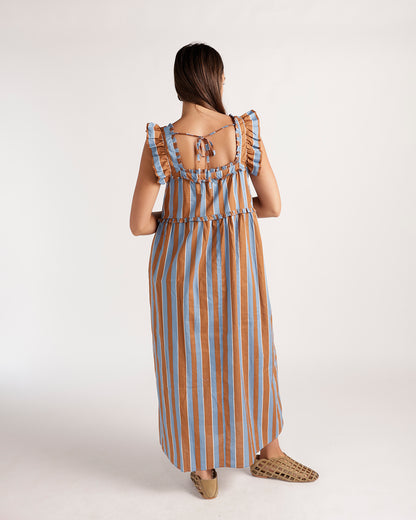 Brown and blue striped midi dress with ruffle trim and open tie back