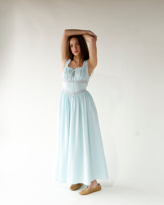 light blue midi dress lace trim details spring midi dress easter dress