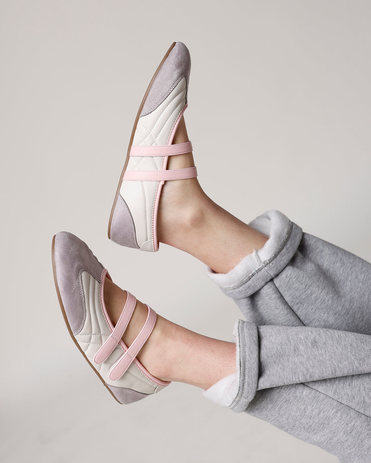 grey ballet flat shoes with light pink velcro straps