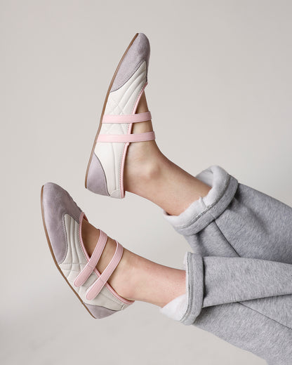 grey ballet flat shoes with light pink velcro straps
