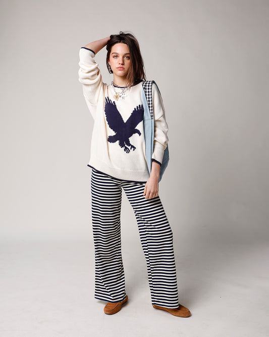 white sweater with navy eagle graphic long sleeve white and navy sweater