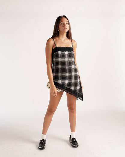 Black plaid lace-trim cami mini dress with asymmetric hem and spaghetti straps