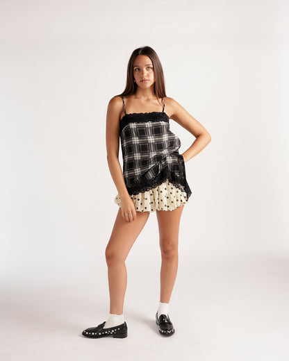 Black and white plaid lace-trim cami top with spaghetti straps