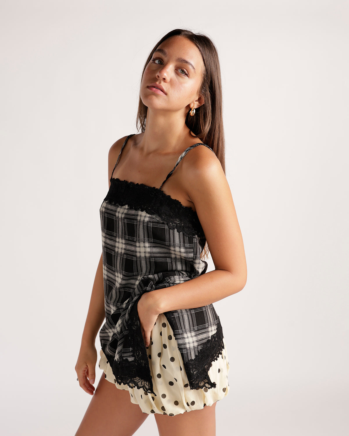 Cream polka dot bubble skort with black lace trim hem detail