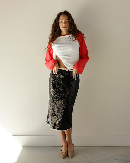 SHOWSTOPPER SEQUIN BLACK MIDI SKIRT