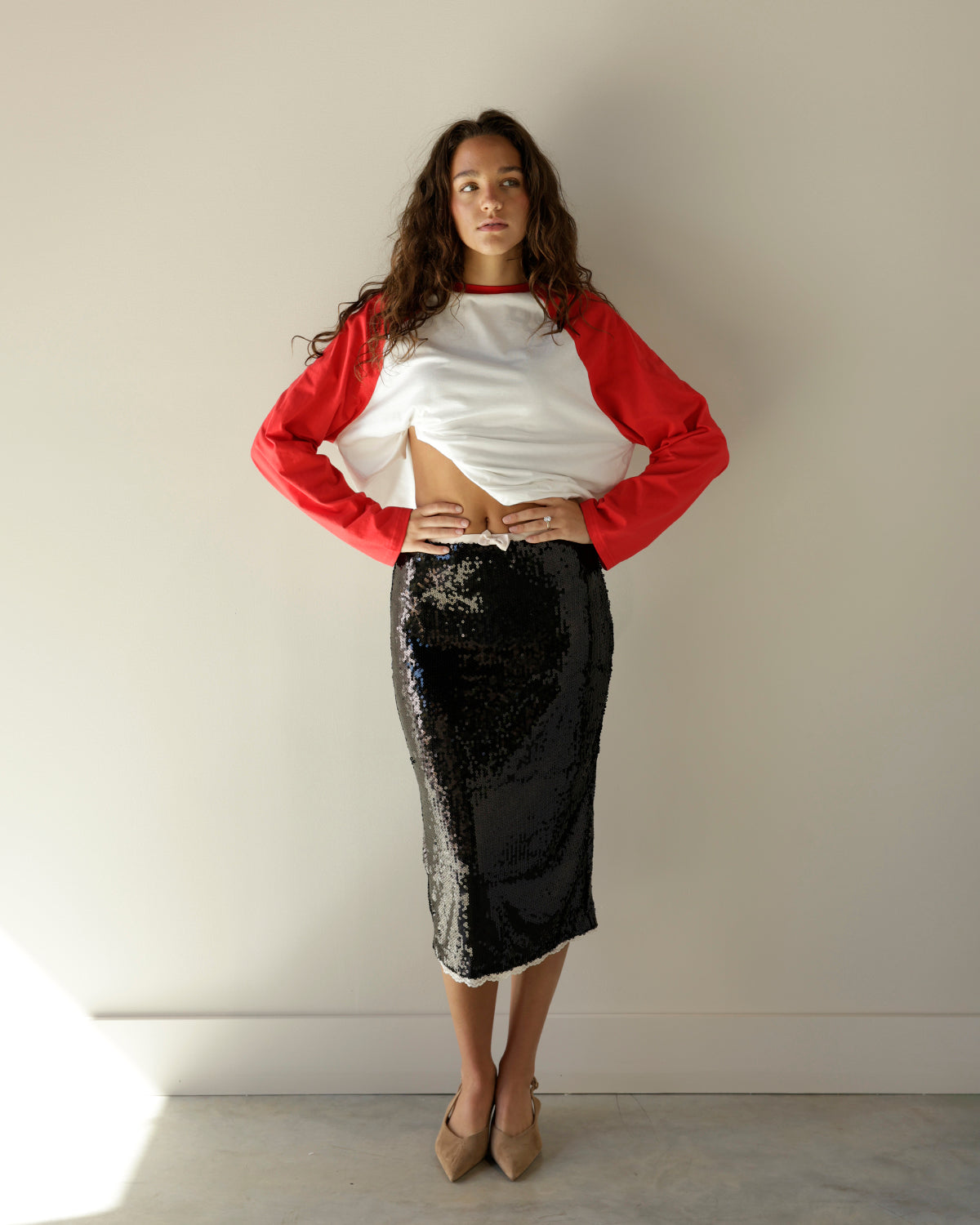 SHOWSTOPPER SEQUIN BLACK MIDI SKIRT