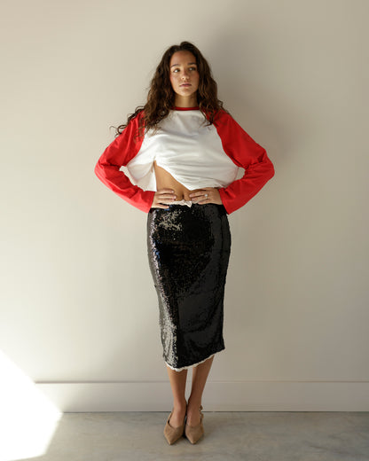 SHOWSTOPPER SEQUIN BLACK MIDI SKIRT