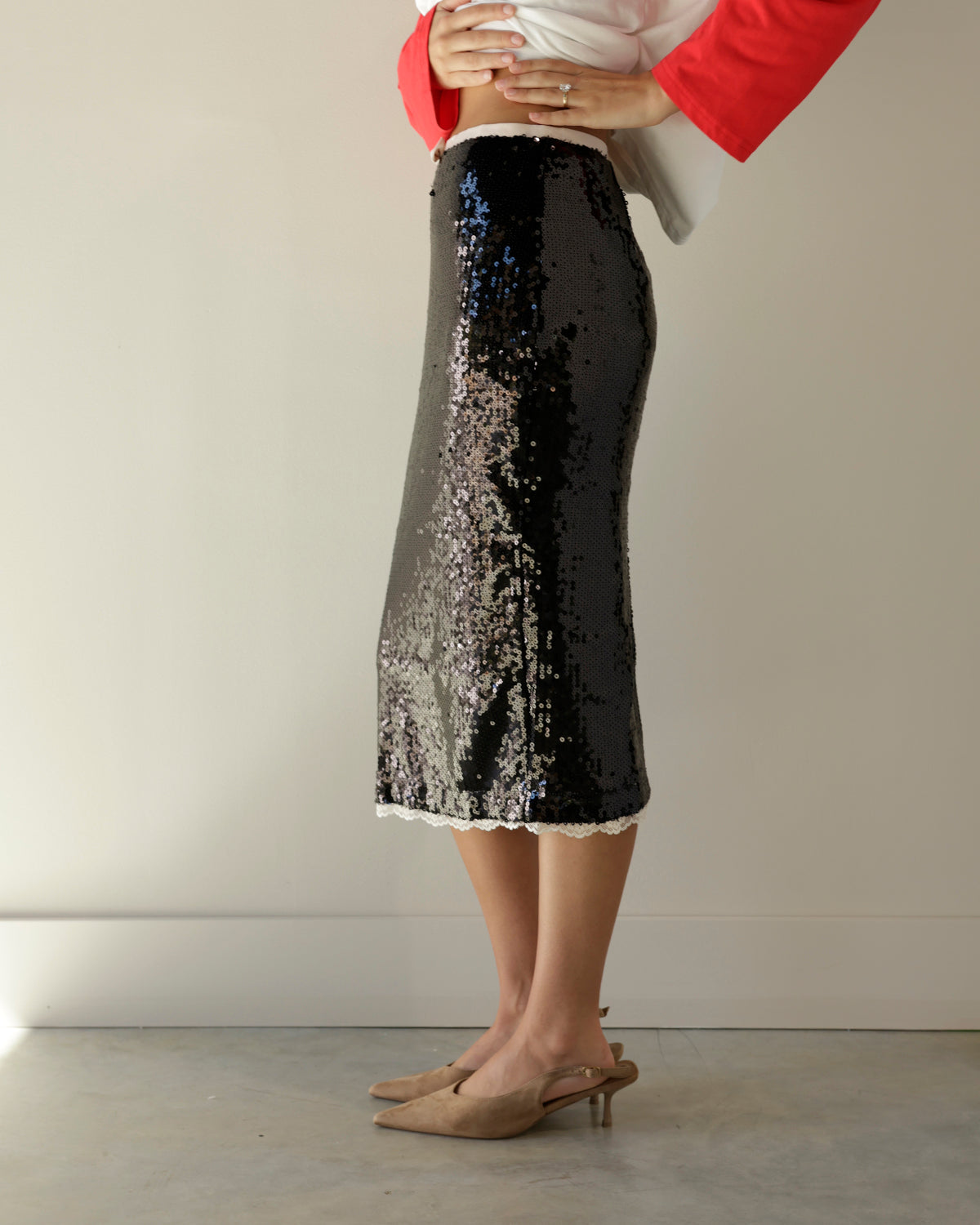 SHOWSTOPPER SEQUIN BLACK MIDI SKIRT
