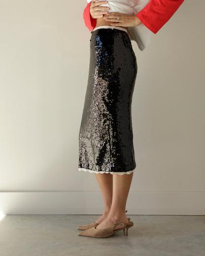 SHOWSTOPPER SEQUIN BLACK MIDI SKIRT