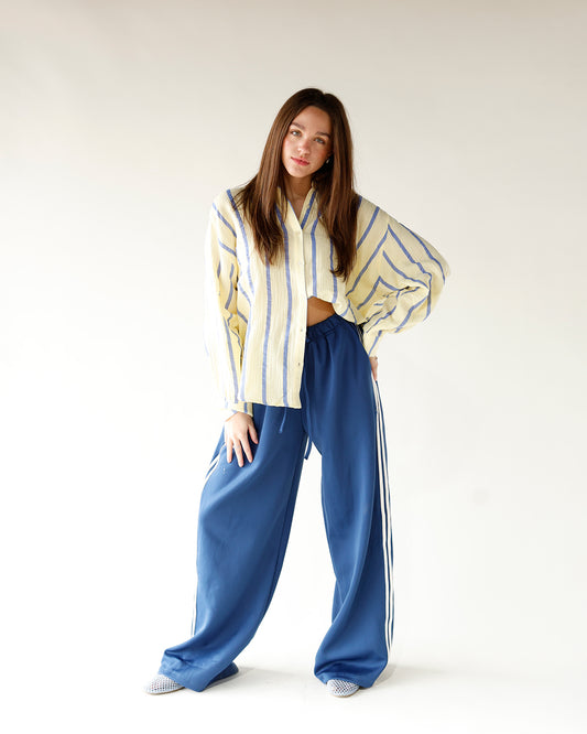 butter yellow and blue striped long sleeve button up spring time long sleeve button up top