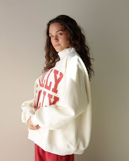 HOLLY JOLLY + TIS THE SEASON REVERSIBLE MOCK NECK SWEATSHIRT