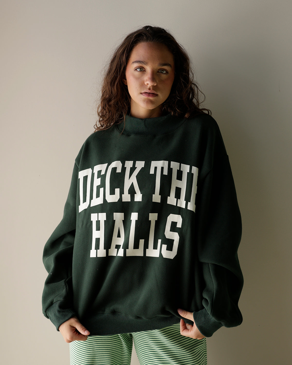 DECK THE HALLS + MERRY CHRISTMAS REVERSIBLE MOCK NECK SWEATSHIRT