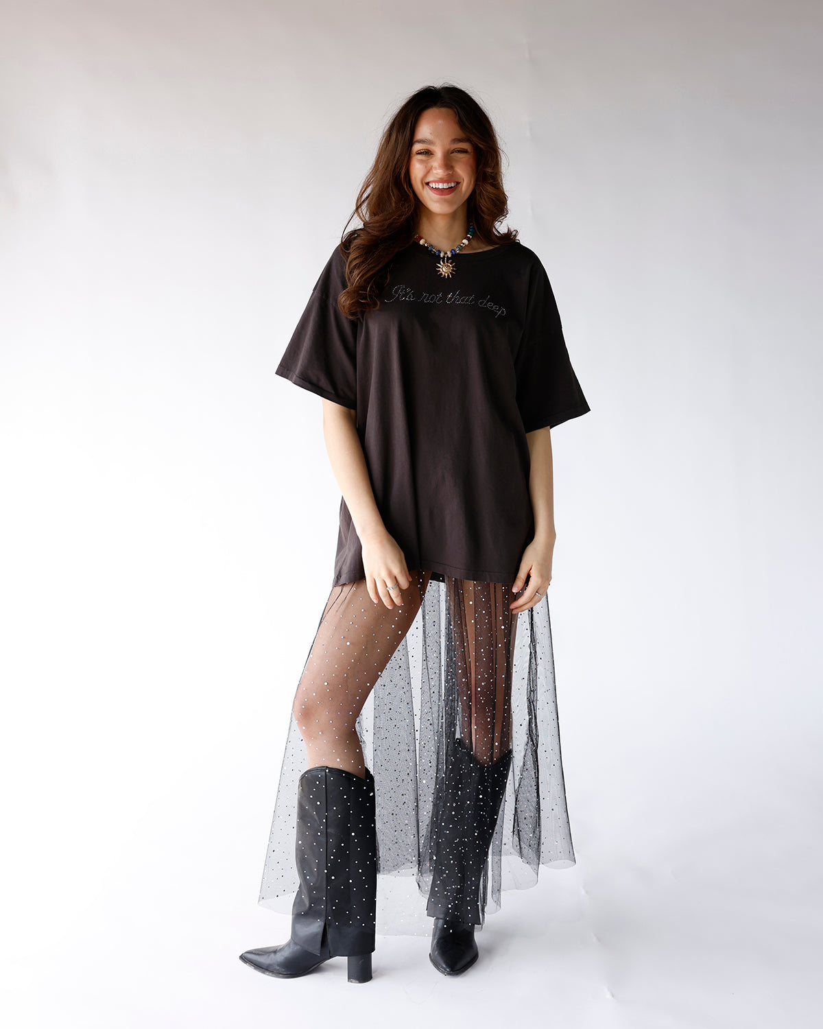 black rhinestone graphic "it's not that deep" daydreamer tee women's rhinestone graphic tee