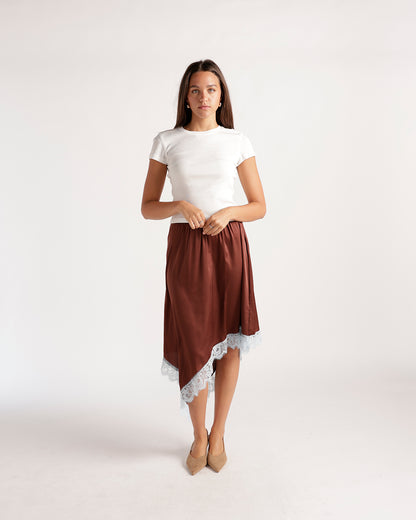 Brown satin asymmetric midi skirt with white lace trim hem