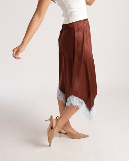 Brown satin asymmetric midi skirt with light blue lace hem trim