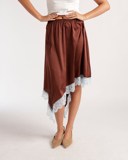 Brown satin asymmetric midi skirt with white lace trim and elastic waist