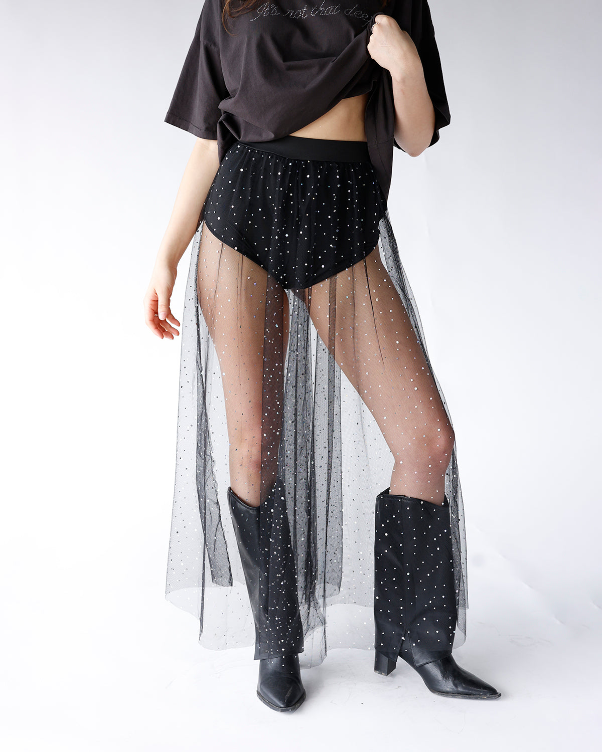 NIGHTFALL SHEER RHINESTONE MAXI SKIRT