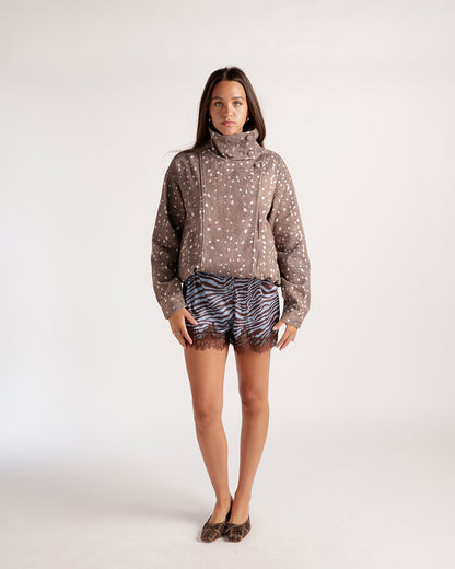 Brown spotted fawn-print turtleneck jacket with asymmetric button closure