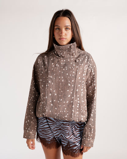 Brown spotted fawn print moto jacket with high collar and snap buttons