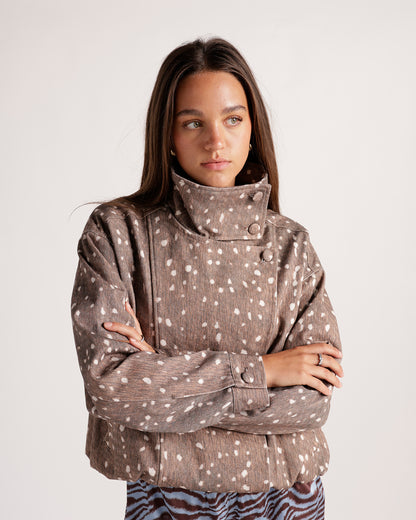 Brown spotted fawn-print jacket with high neck and button details