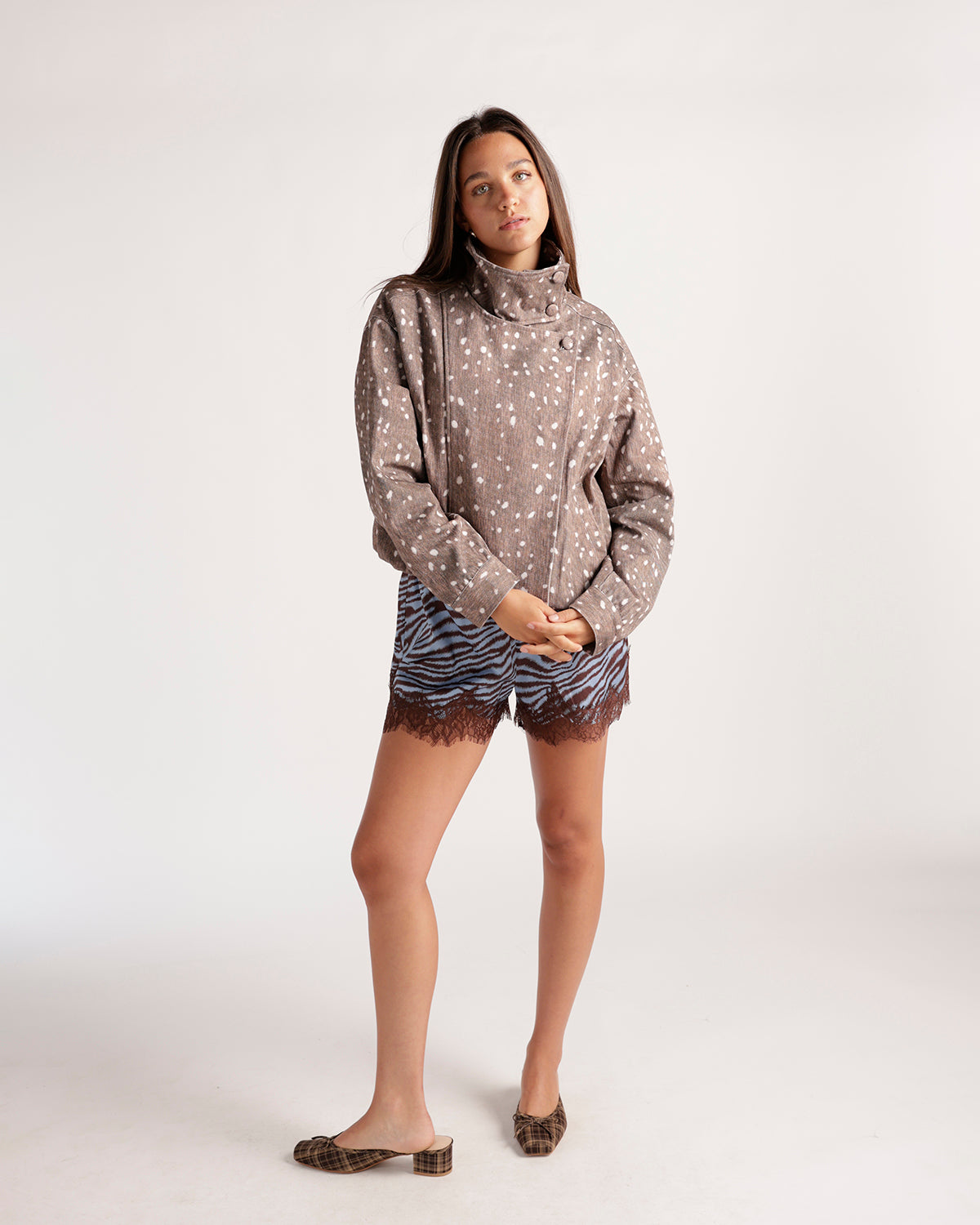 Taupe spotted fawn-print jacket with high collar and snap button detail
