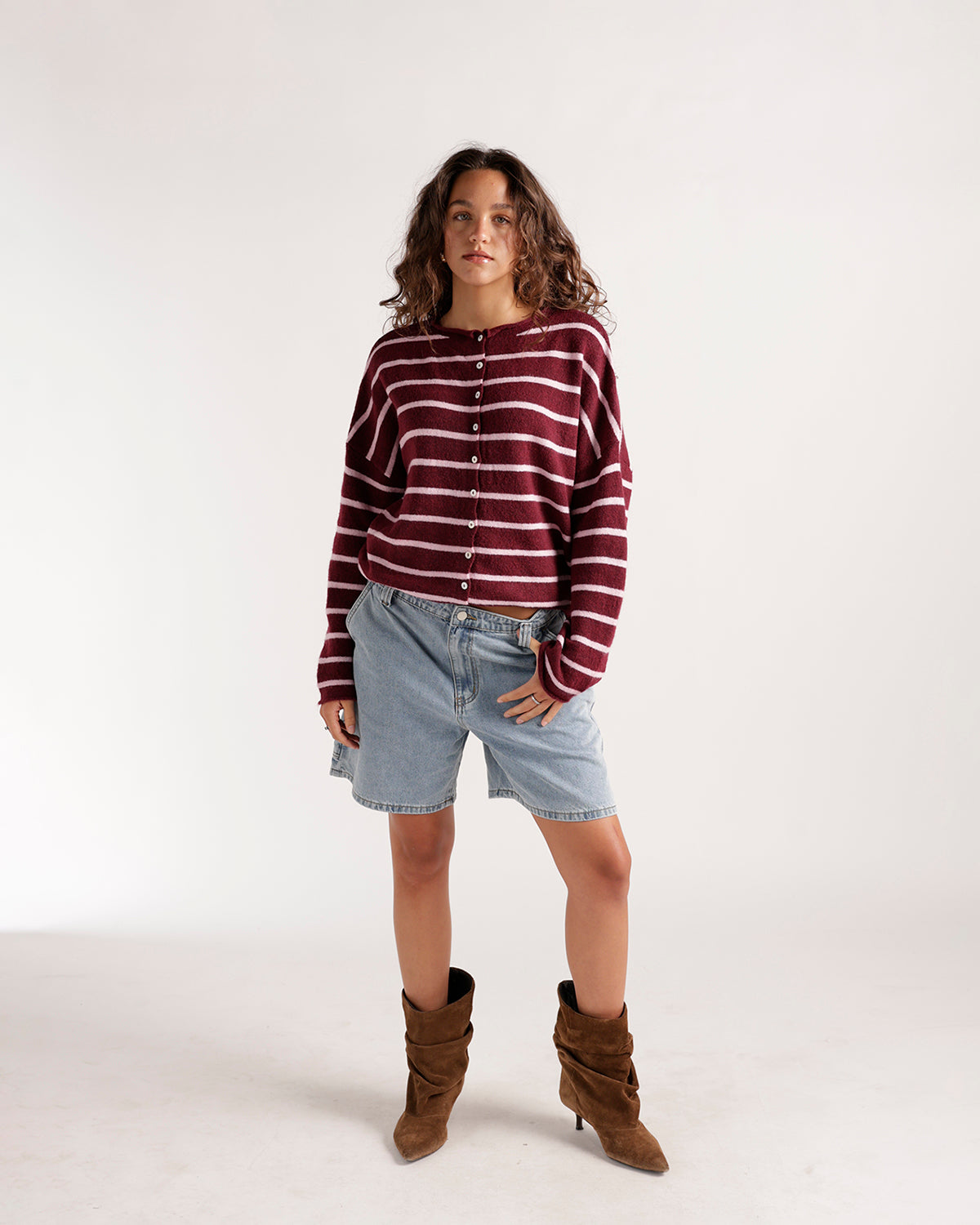 Wine and baby pink striped button-front knit cardigan with relaxed fit