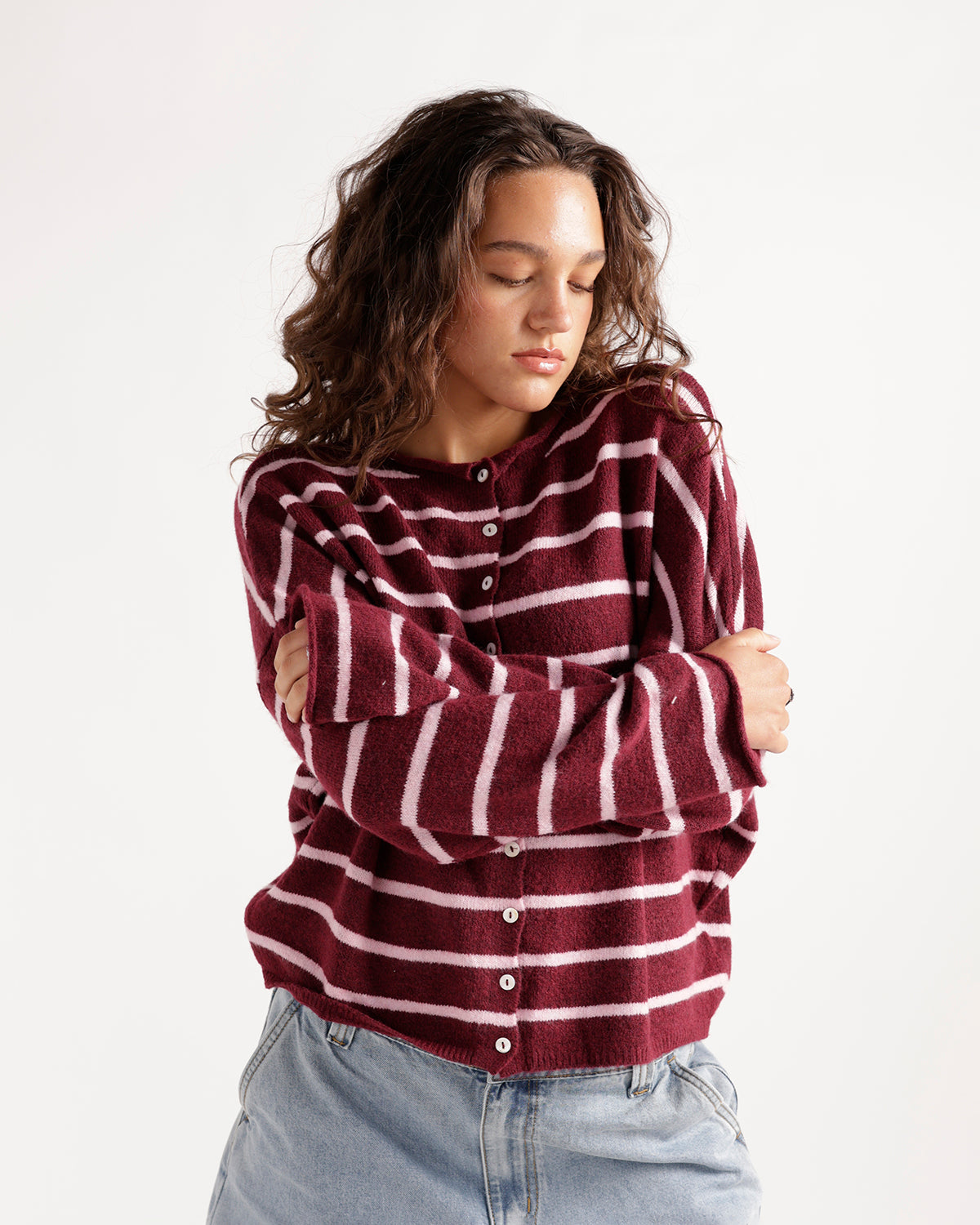 Wine and baby pink striped knit button-up cardigan with long sleeves
