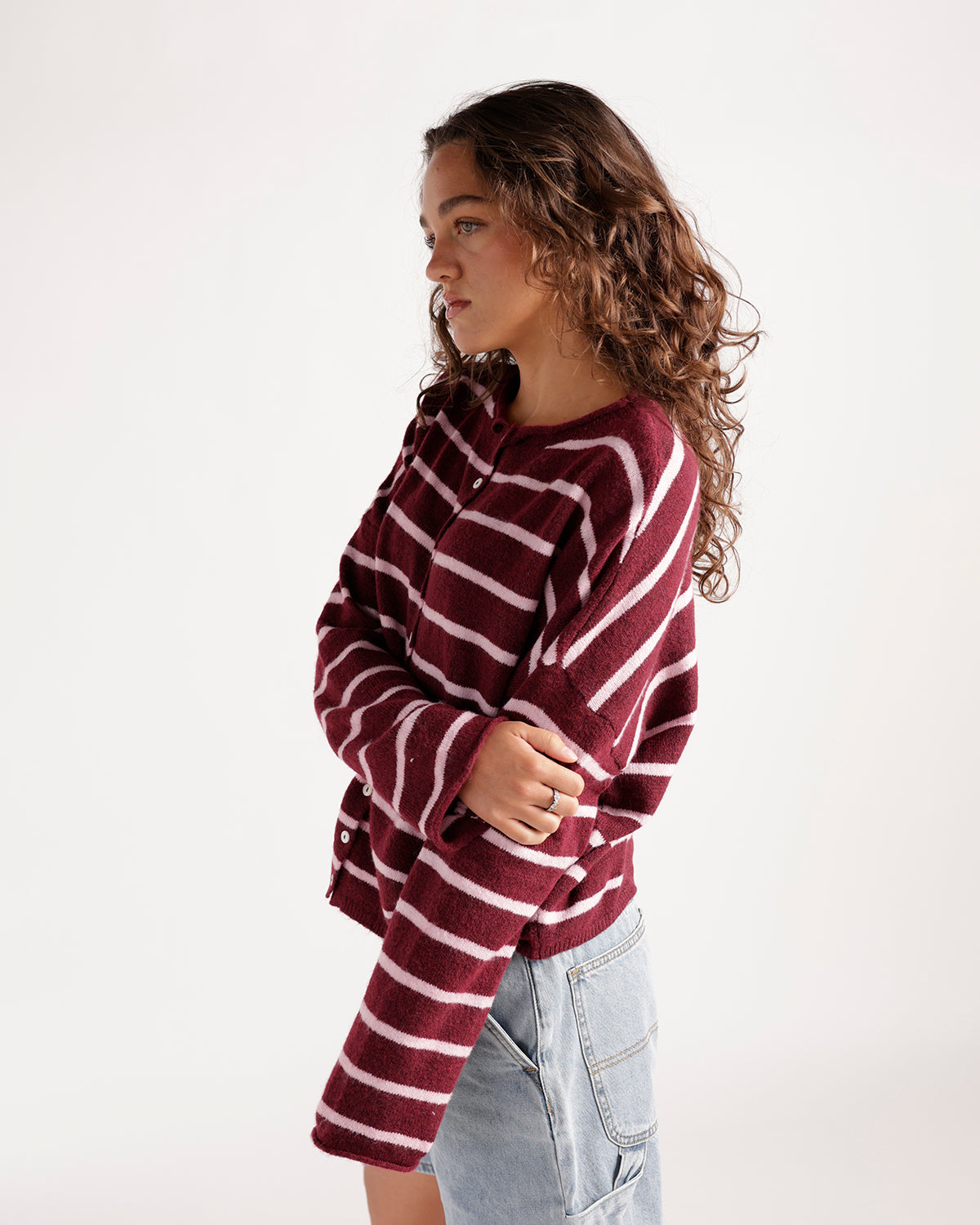 Wine and baby pink striped knit cardigan with button front and long sleeves