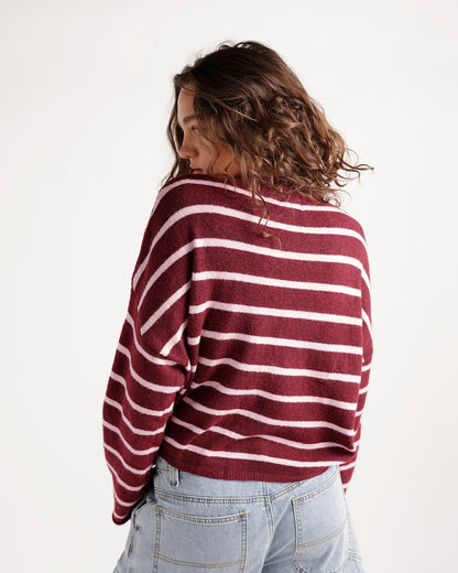 Wine and pink striped knit cardigan with long sleeves, back view