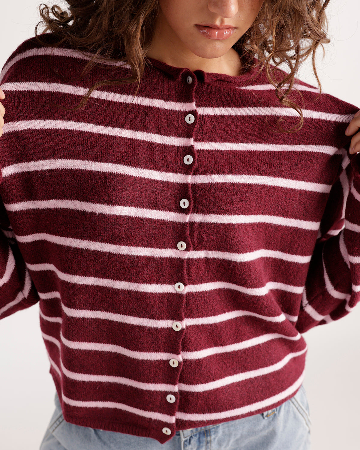 Wine and baby pink striped button-front knit cardigan with crew neck