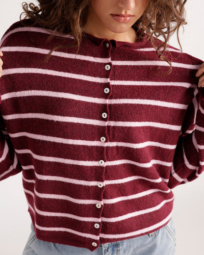 Wine and baby pink striped button-front knit cardigan with crew neck