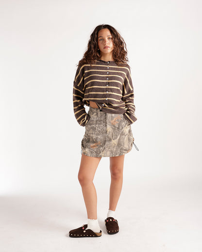 Brown and yellow striped button-front cropped cardigan sweater with long sleeves