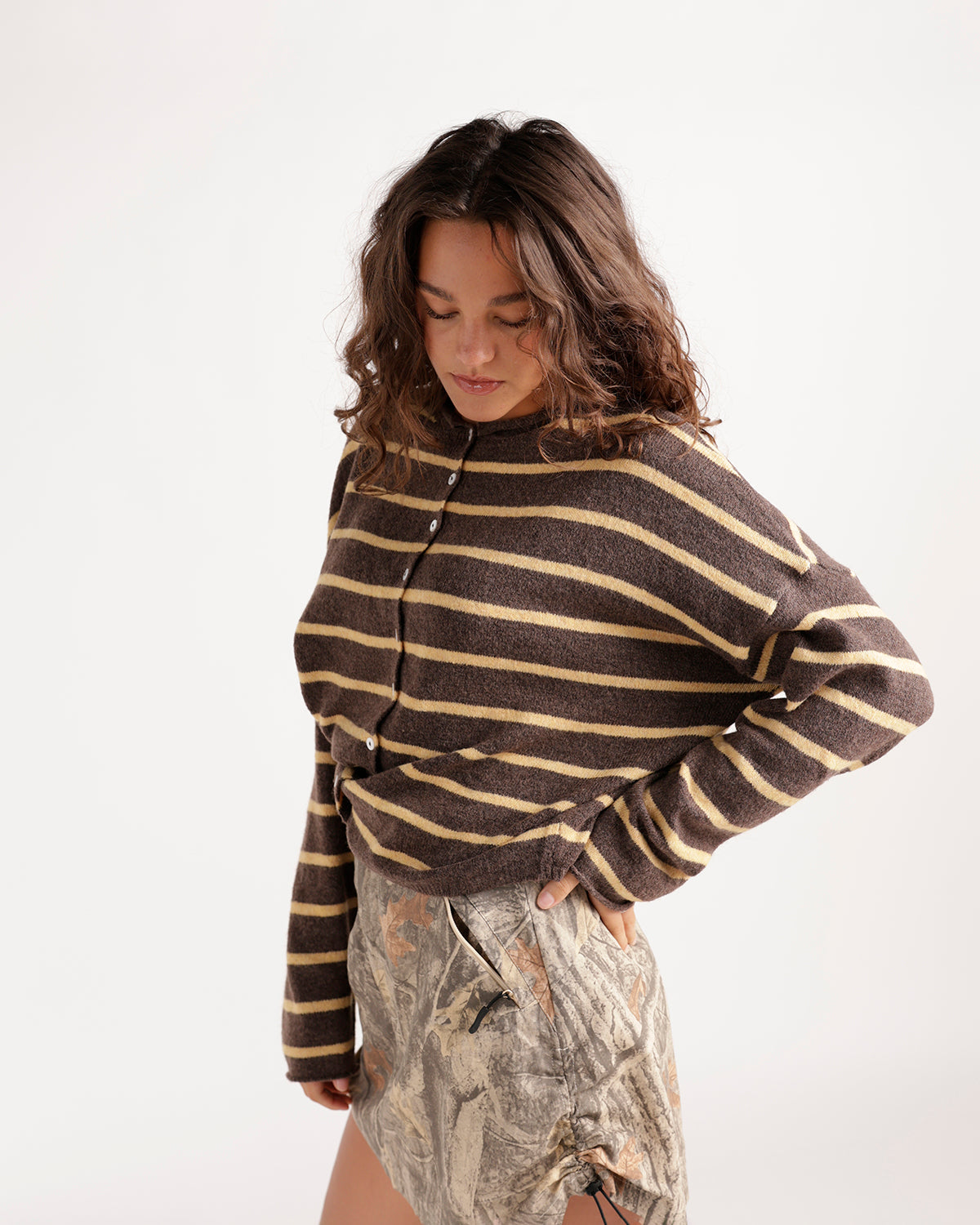 Brown and mango striped button-front cardigan sweater with long sleeves