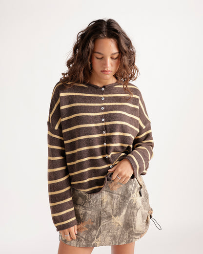 Brown and yellow striped button-neck knit cardigan with long sleeves