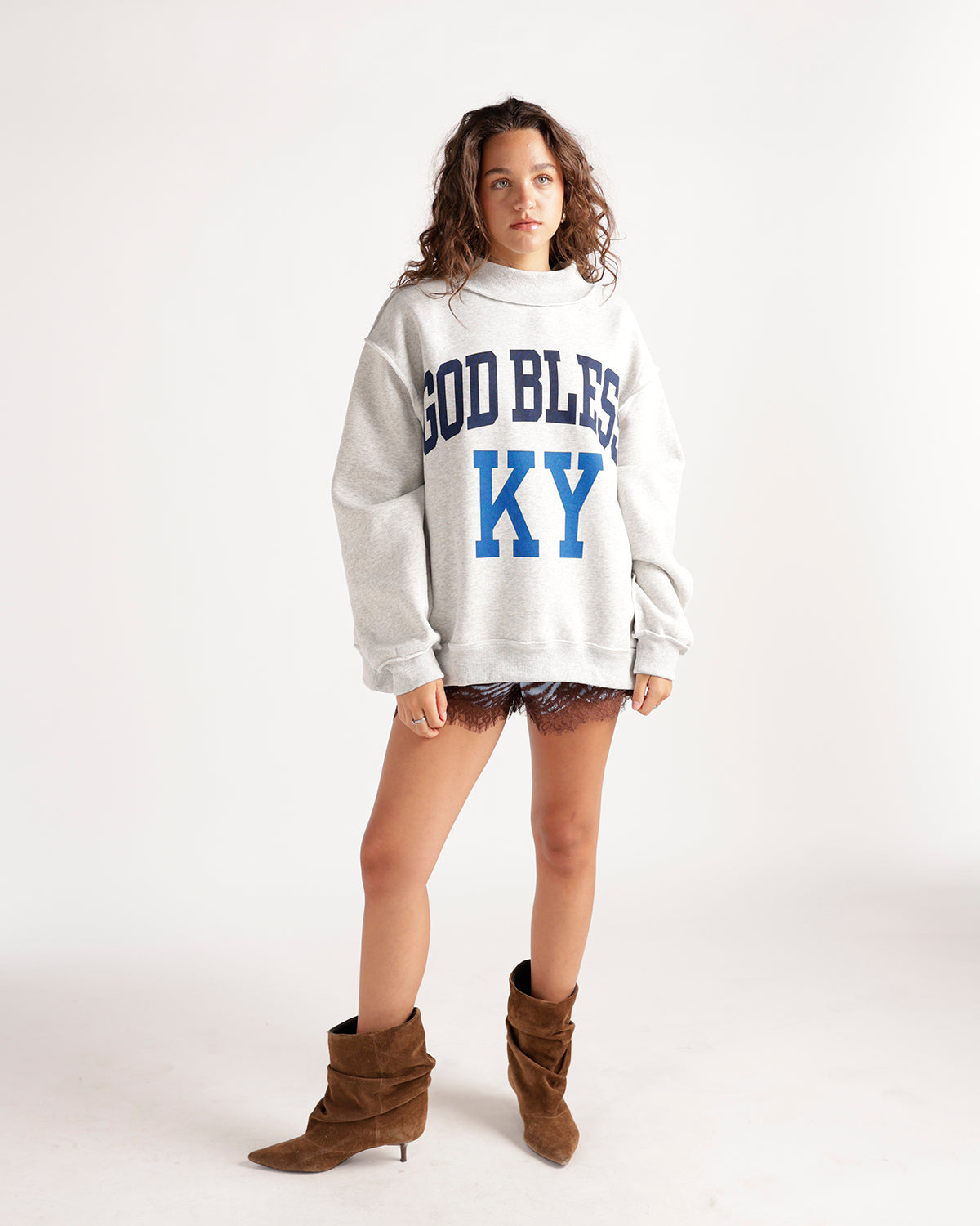 Oversized heather gray mockneck sweatshirt with God Bless KY graphic in blue