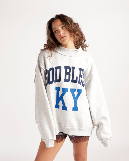 Oversized heather grey mockneck sweatshirt with GOD BLESS KY blue graphic print