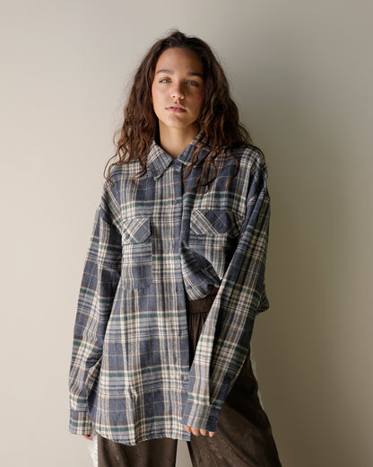 FOMO PLAID BUTTON UP X DENIM BLUE